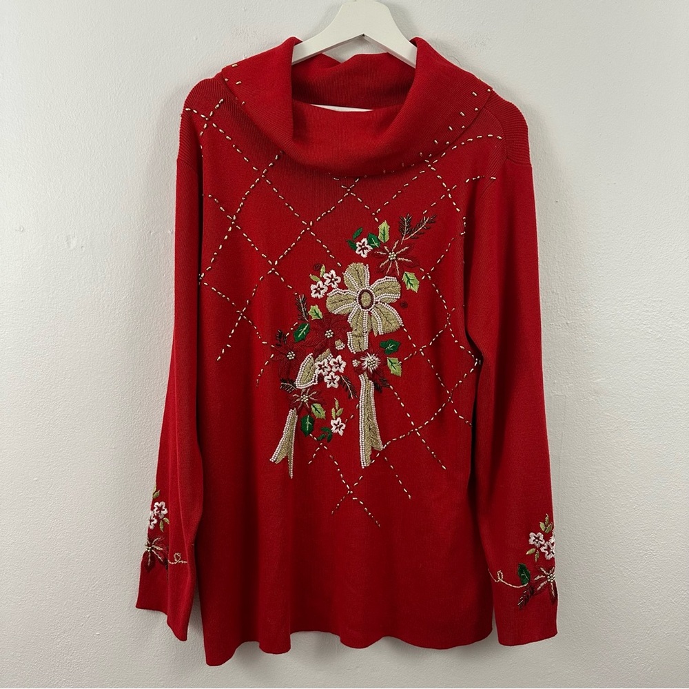 Vintage Design Red Embroidered Cowl Neck Women's Sweater